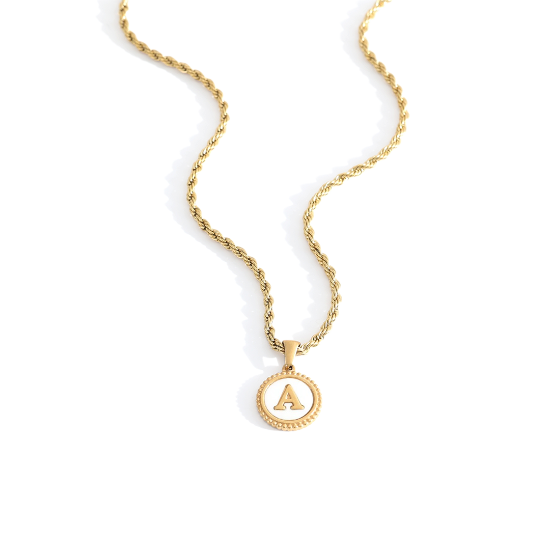 Mother of Pearl Disc Letter Necklace with Rope Chain by Seeyoura