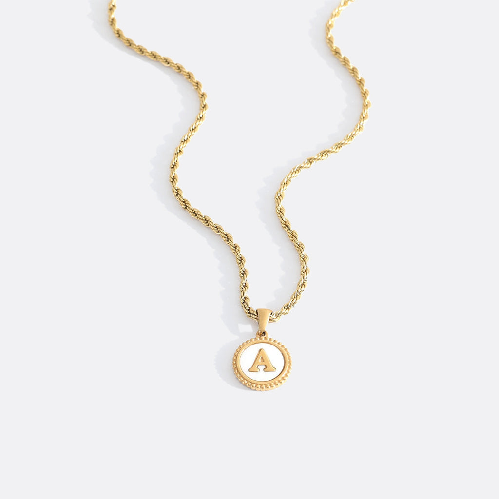Mother of Pearl Disc Letter Necklace with Rope Chain by Seeyoura