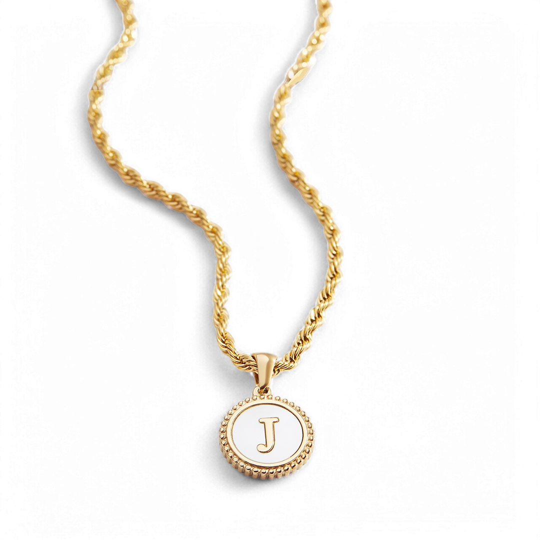 Mother of Pearl Disc Letter Necklace with Rope Chain by Seeyoura