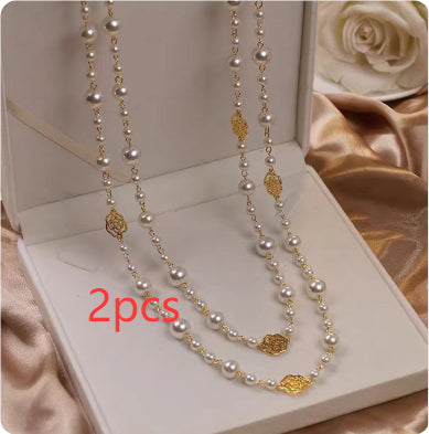 Floral Pearl Layered Necklace in rose, 2PCS by Seeyoura