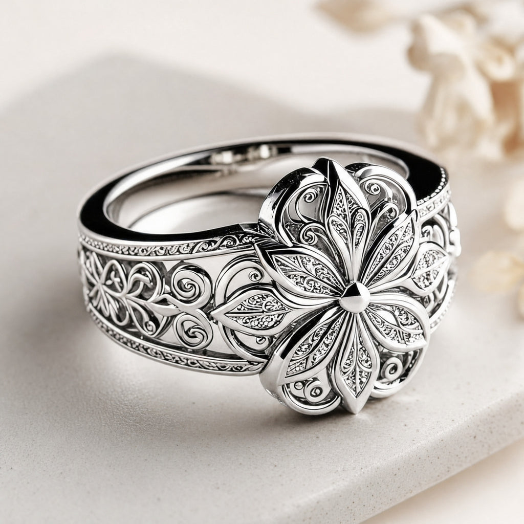 Flower Zirconia Ring — Silver in a soft neutral setting