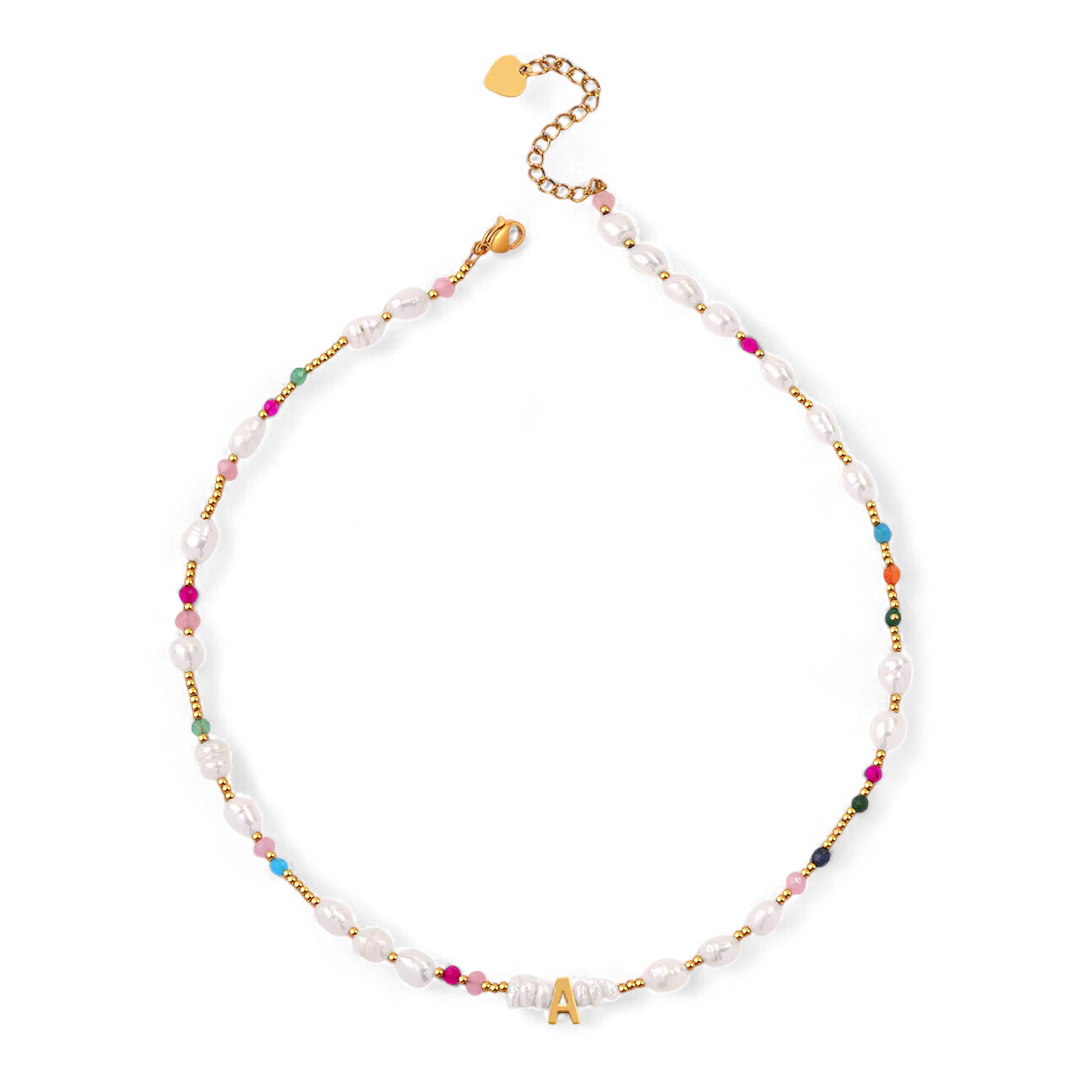 Gemstone and Pearl Initial Necklace in A by Seeyoura