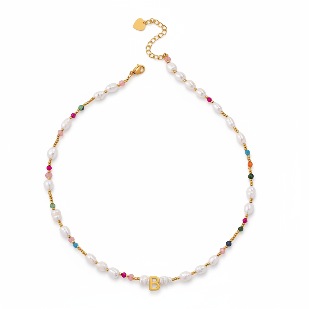 Gemstone and Pearl Initial Necklace in B by Seeyoura