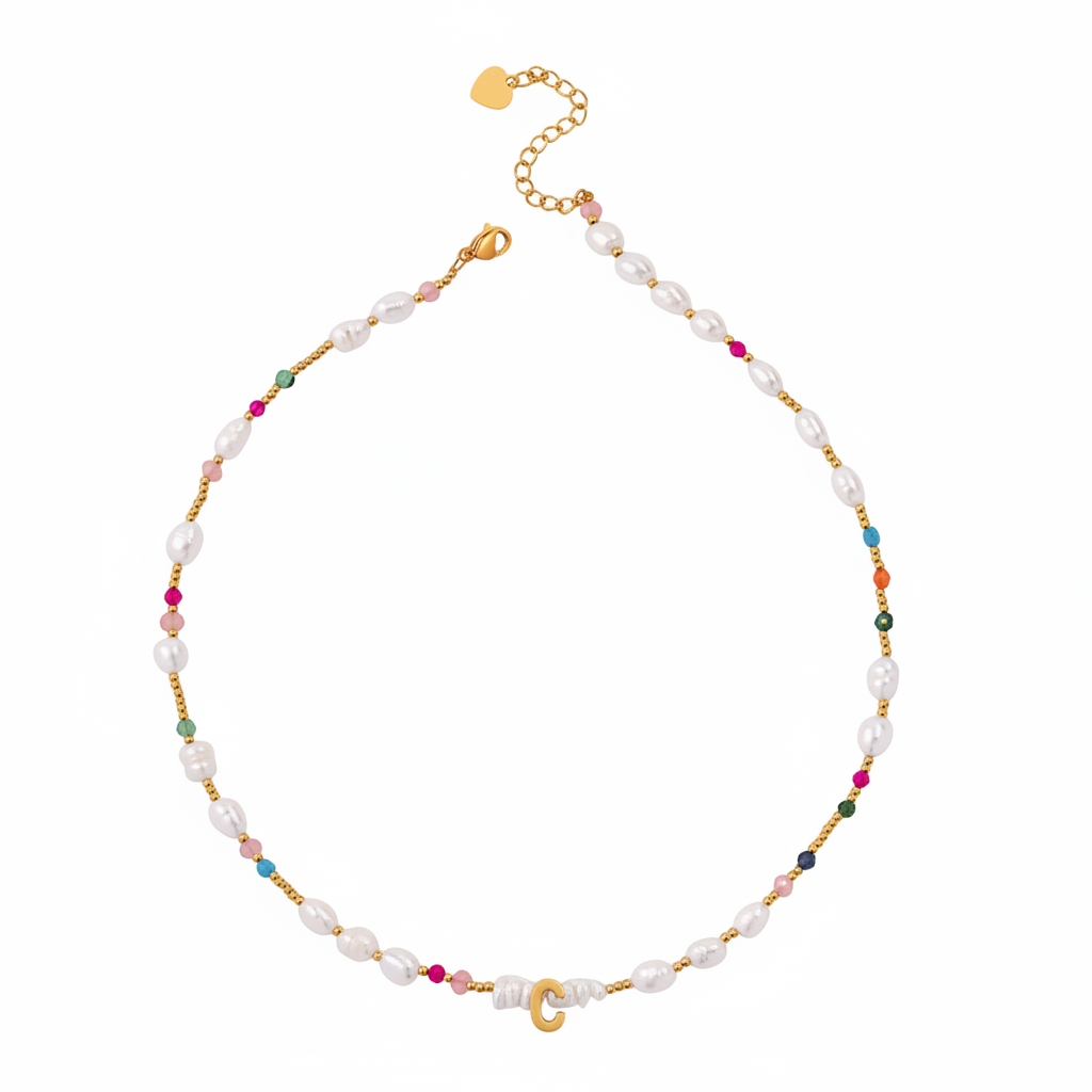 Gemstone and Pearl Initial Necklace in C by Seeyoura
