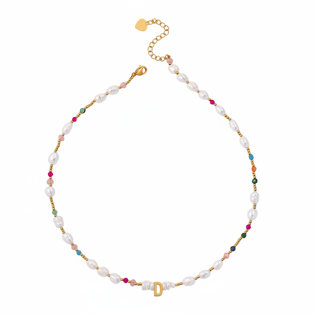 Gemstone and Pearl Initial Necklace in D by Seeyoura