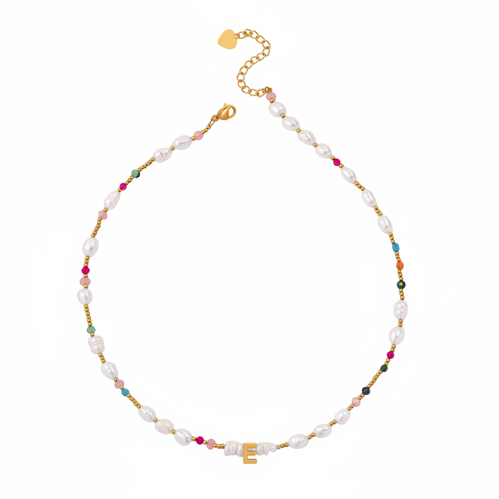 Gemstone and Pearl Initial Necklace in E by Seeyoura