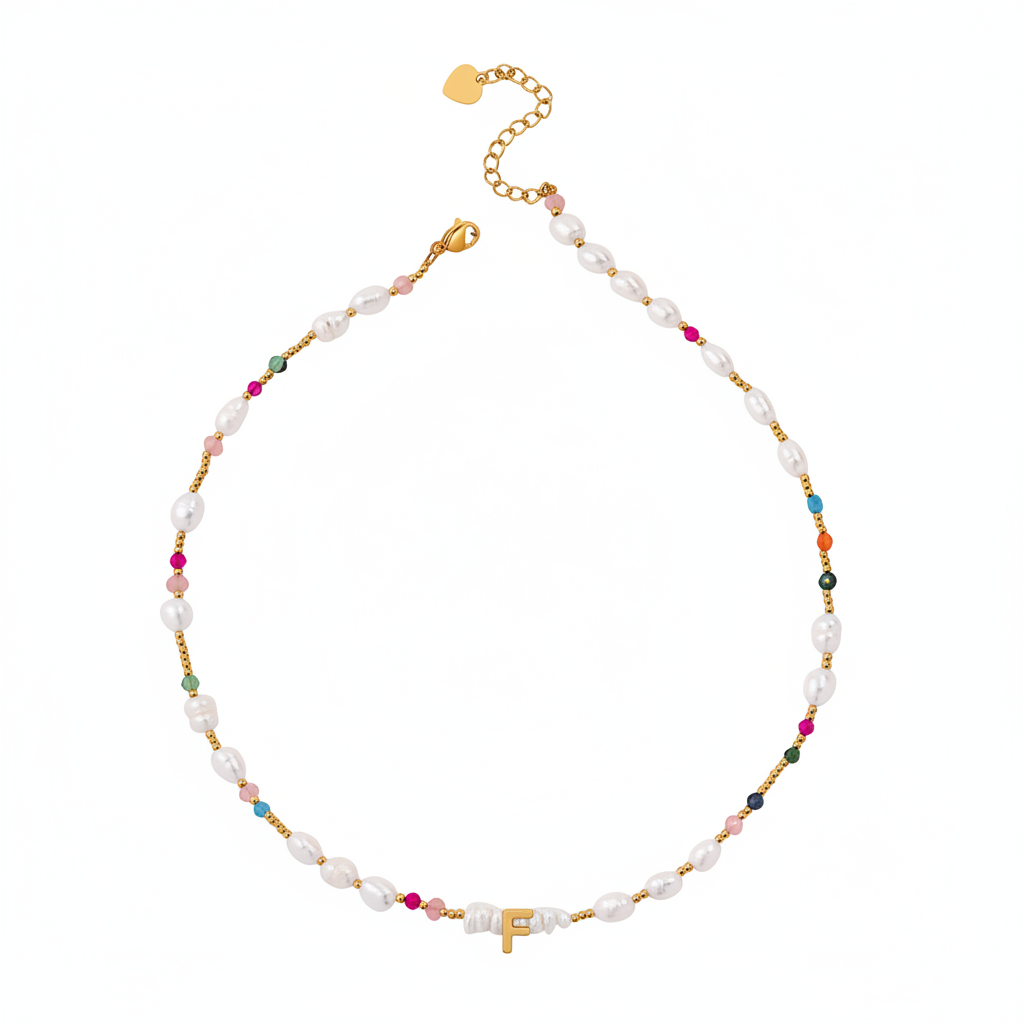 Gemstone and Pearl Initial Necklace in F by Seeyoura