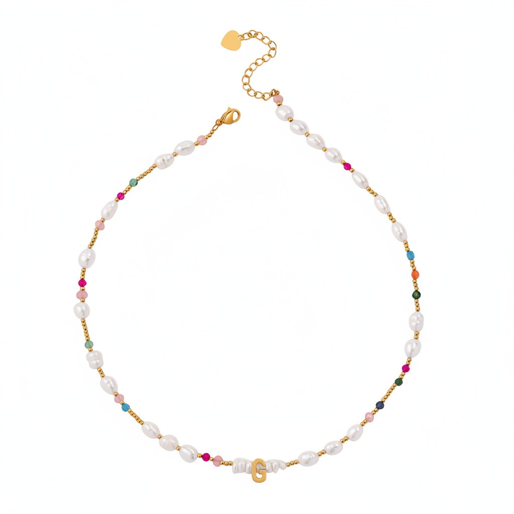 Gemstone and Pearl Initial Necklace in G by Seeyoura