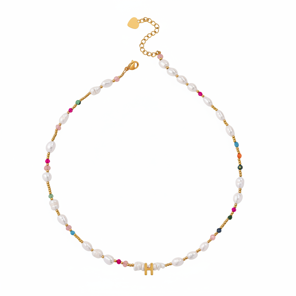 Gemstone and Pearl Initial Necklace in H by Seeyoura