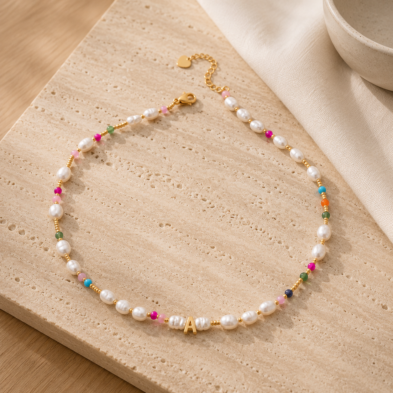 Gemstone and Pearl Initial Necklace by Seeyoura