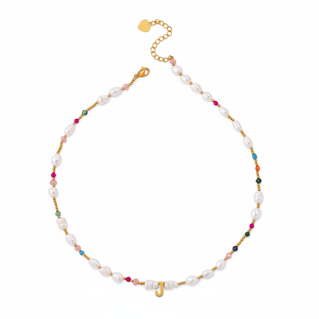 Gemstone and Pearl Initial Necklace in J by Seeyoura