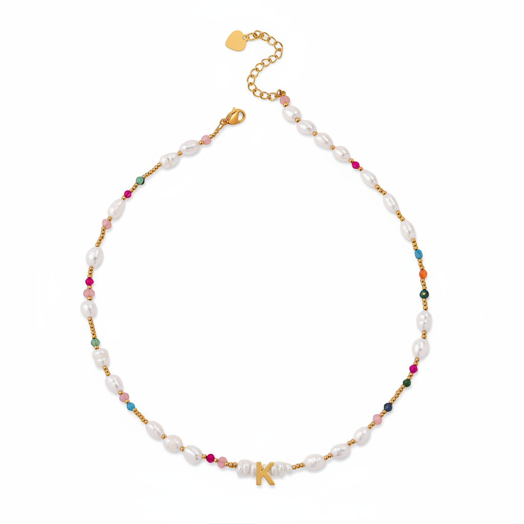 Gemstone and Pearl Initial Necklace in K by Seeyoura