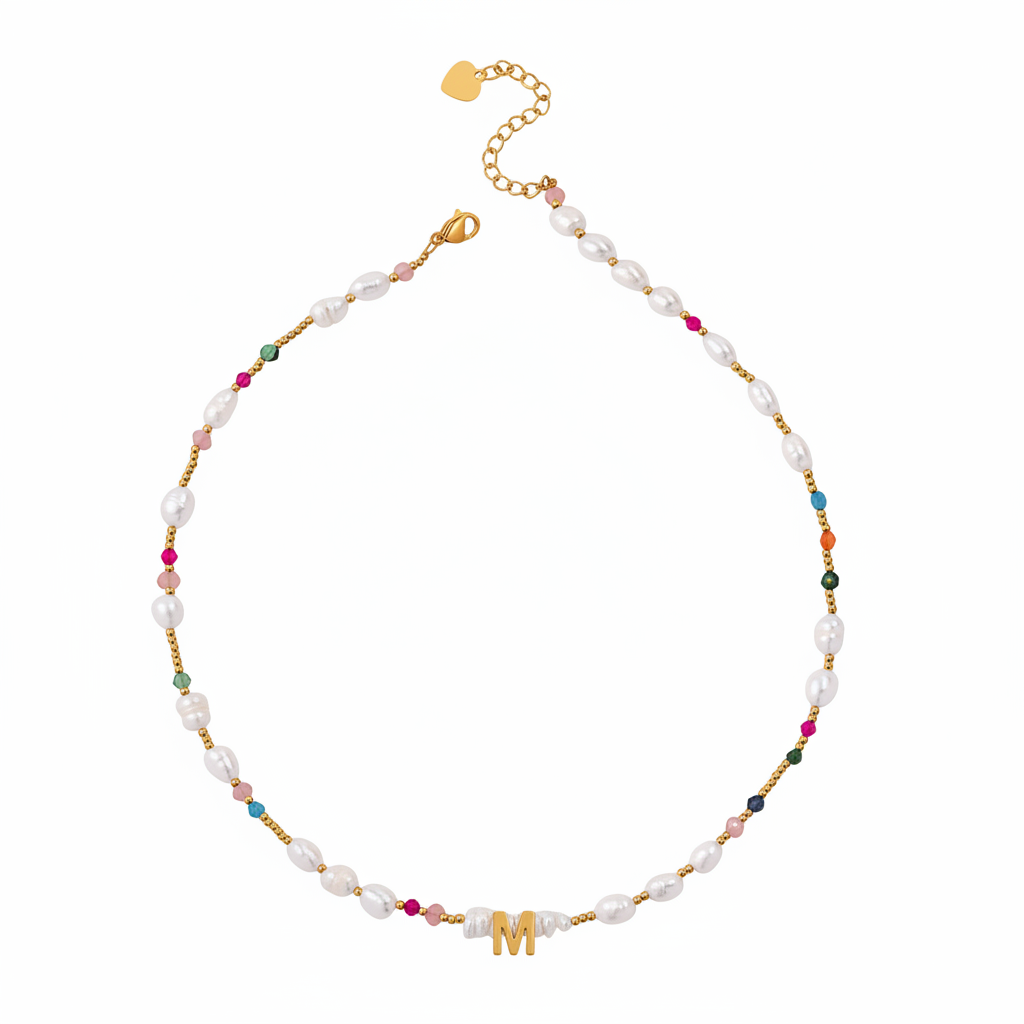 Gemstone and Pearl Initial Necklace in M by Seeyoura