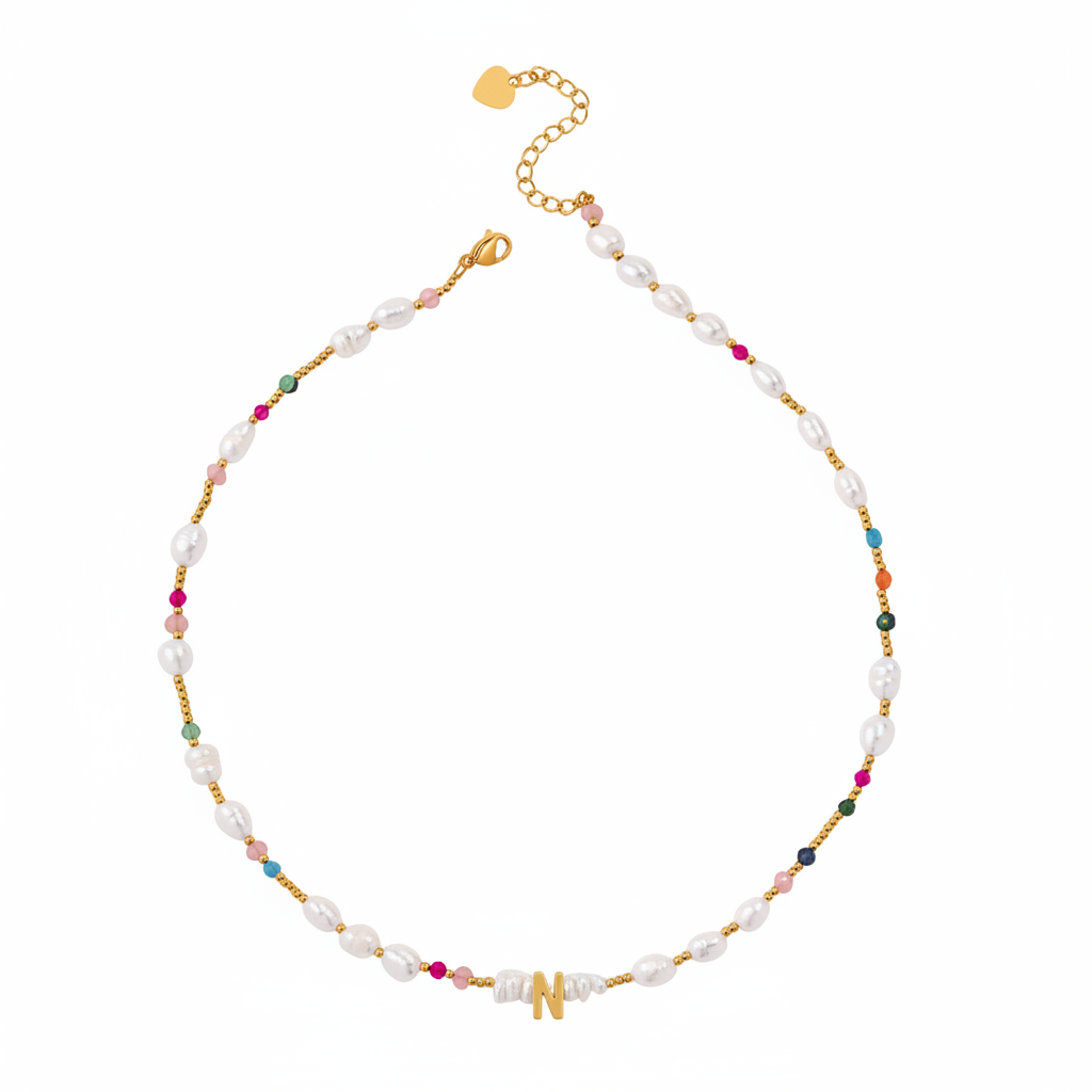 Gemstone and Pearl Initial Necklace in N by Seeyoura