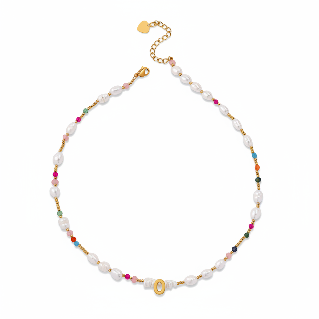 Gemstone and Pearl Initial Necklace in O by Seeyoura