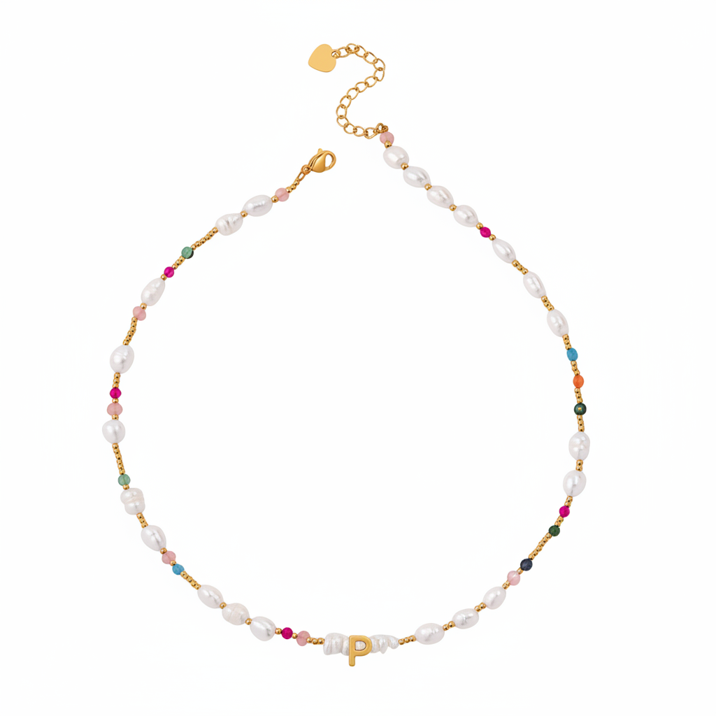 Gemstone and Pearl Initial Necklace in P by Seeyoura