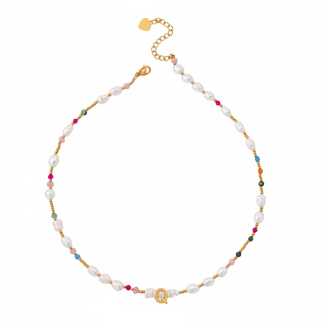 Gemstone and Pearl Initial Necklace in Q by Seeyoura