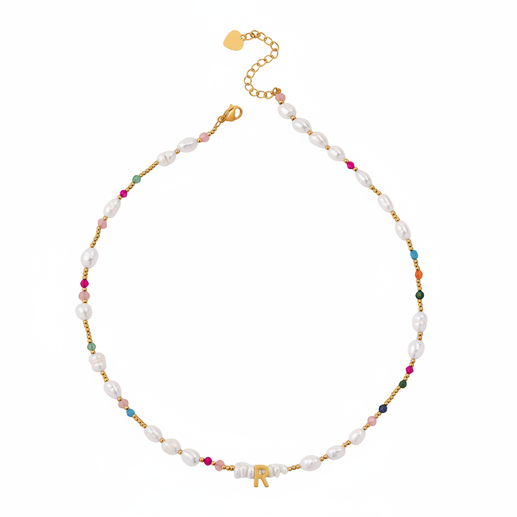 Gemstone and Pearl Initial Necklace in R by Seeyoura