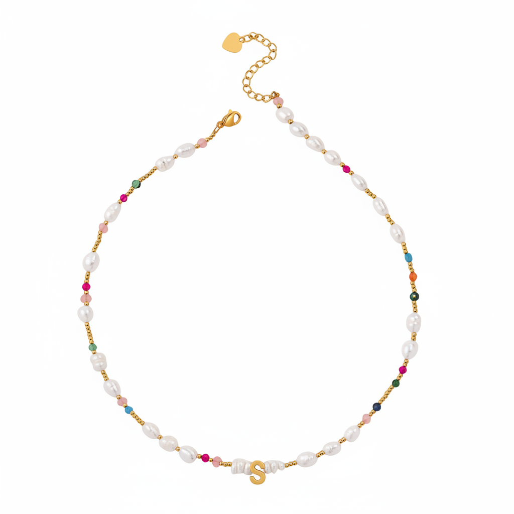 Gemstone and Pearl Initial Necklace in S by Seeyoura