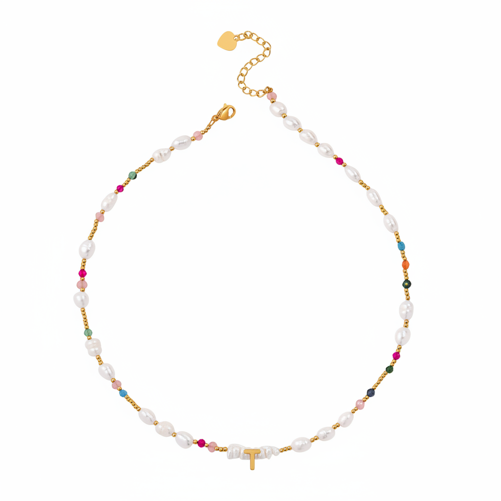 Gemstone and Pearl Initial Necklace in T by Seeyoura