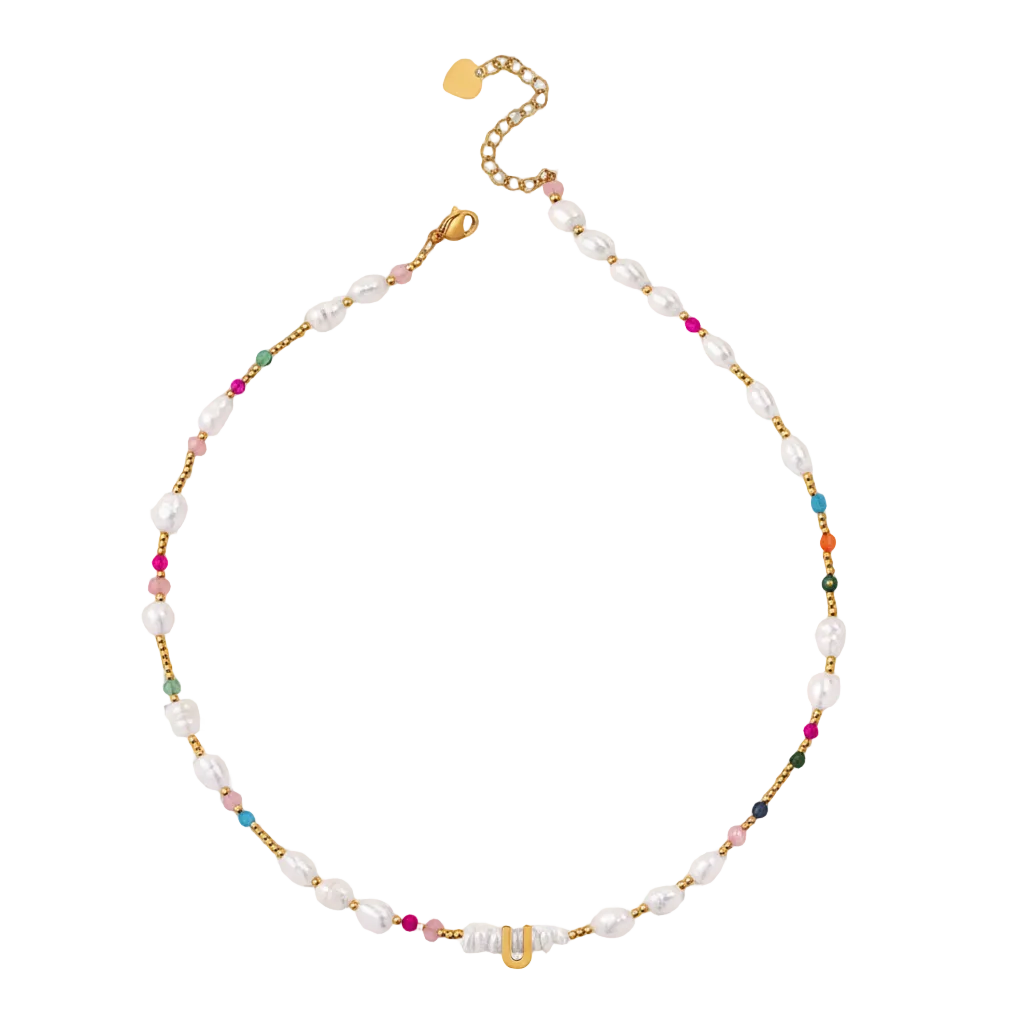 Gemstone and Pearl Initial Necklace in U by Seeyoura