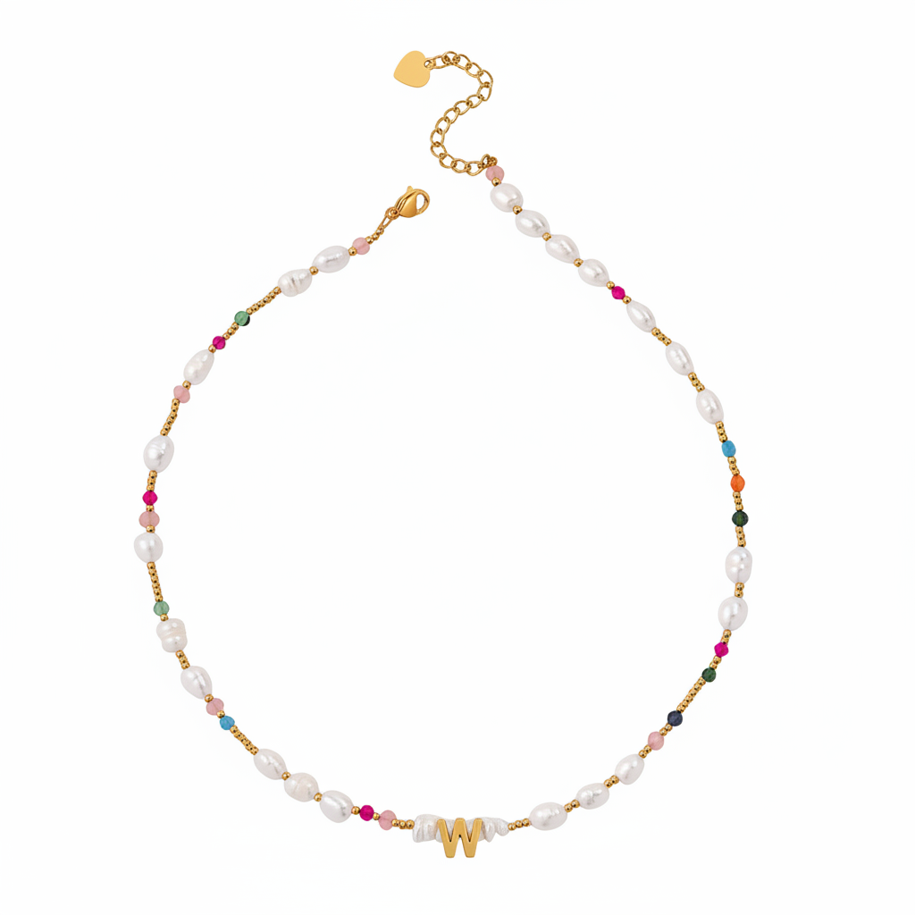 Gemstone and Pearl Initial Necklace in W by Seeyoura