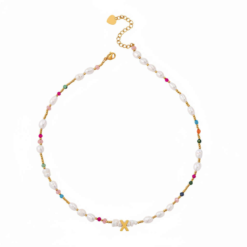 Gemstone and Pearl Initial Necklace in X by Seeyoura