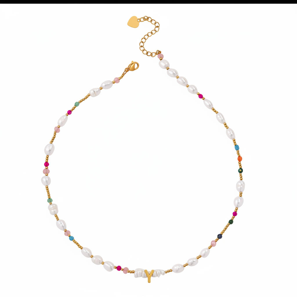Gemstone and Pearl Initial Necklace in Y by Seeyoura