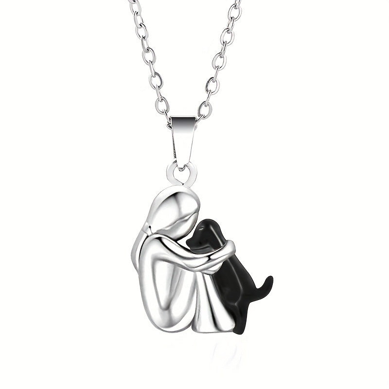 Girl Hugging Dog Necklace — Black in black-and-white by Seeyoura