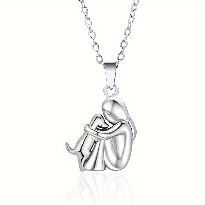 Girl Hugging Dog Necklace — Silver in silver by Seeyoura