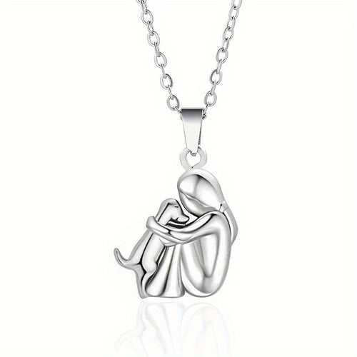 Girl Hugging Dog Necklace — Silver in silver by Seeyoura