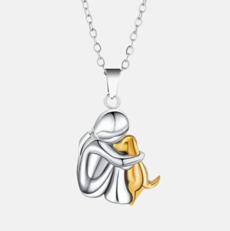 Girl Hugging Dog Necklace — Two-Tone in silver-gold by Seeyoura