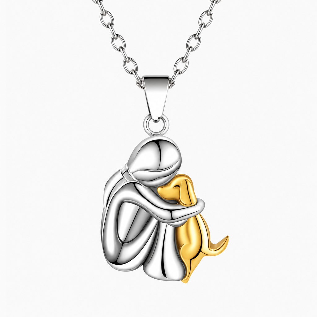 A two-tone silver and gold pendant necklace featuring a mother hugging her puppy. The pendant is made of polished silver and gold metal, suspended from a silver link chain against a clean white background.