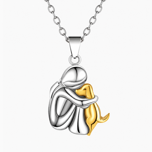 A two-tone silver and gold pendant necklace featuring a mother hugging her puppy. The pendant is made of polished silver and gold metal, suspended from a silver link chain against a clean white background.