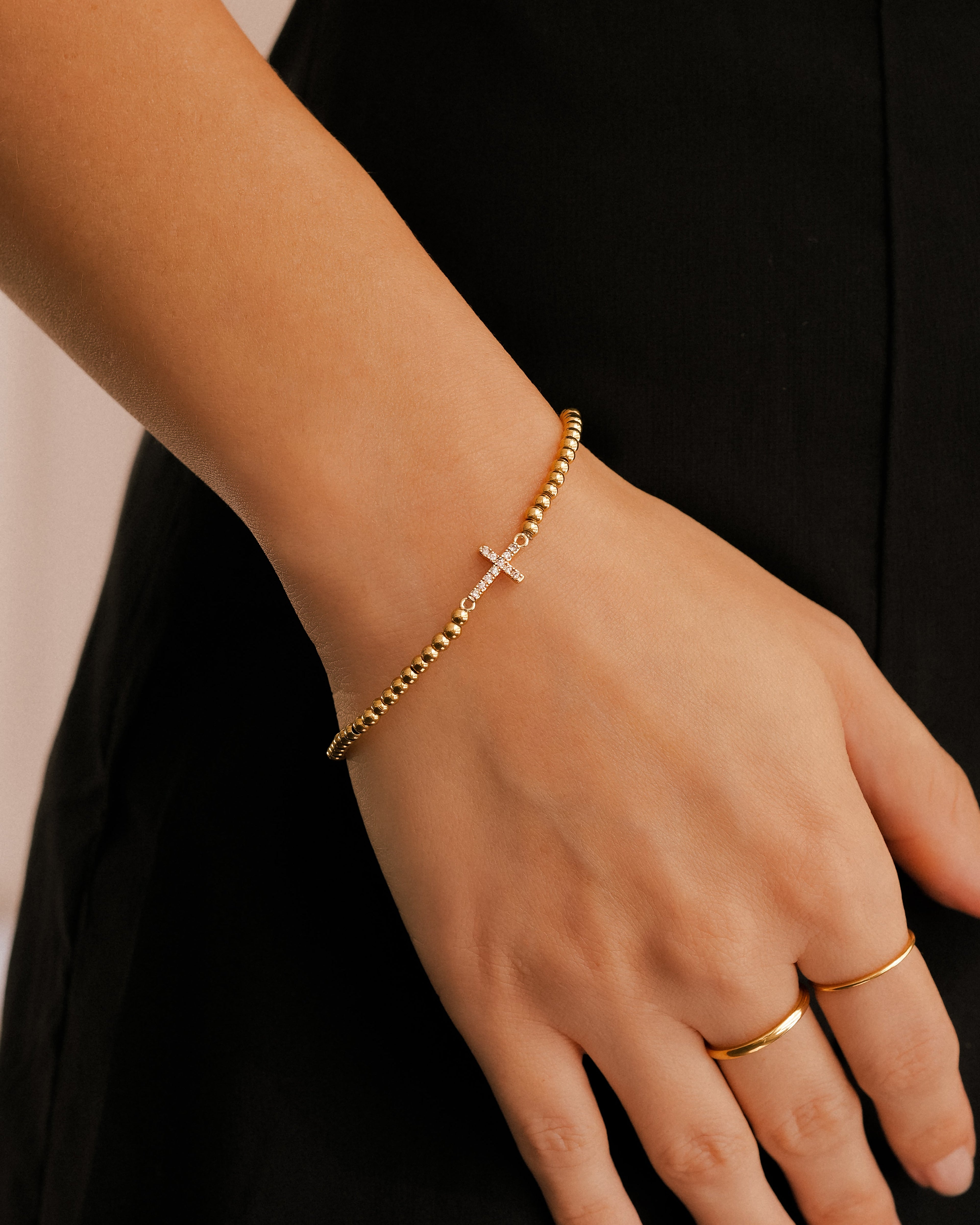 Gold Beaded Cross Stretch Bracelet by Seeyoura