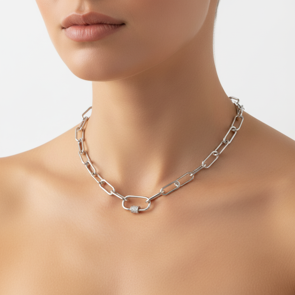 Link Chain Necklace with Pavé Carabiner Clasp by Seeyoura