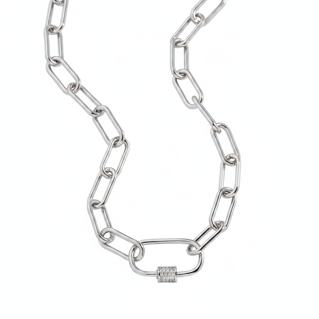 Link Chain Necklace with Pavé Carabiner Clasp in silver by Seeyoura