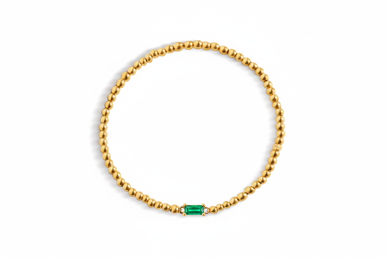 Gold Beaded Birthstone Bracelet in emerald-may by Seeyoura