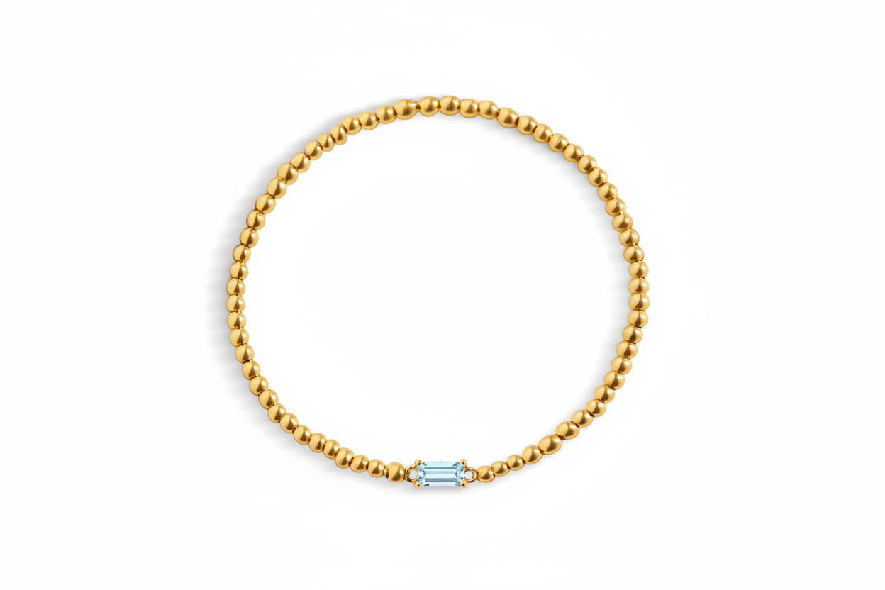 Gold Beaded Birthstone Bracelet in march-aquamarine by Seeyoura