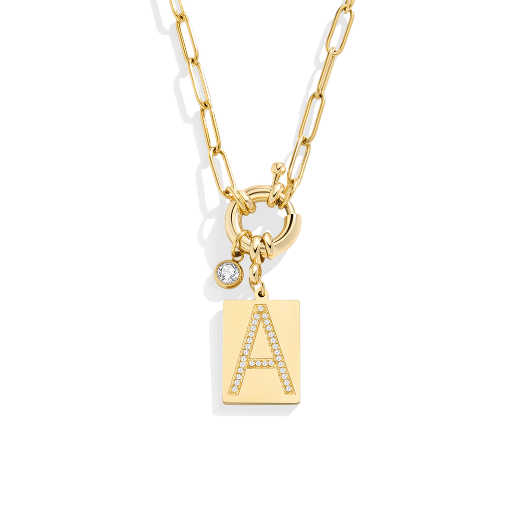 Gold Pave Initial Pendant Necklace with Paperclip Chain by Seeyoura
