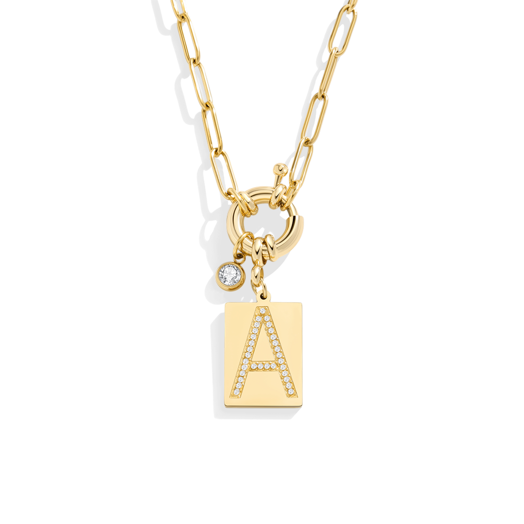 Gold Pave Initial Pendant Necklace with Paperclip Chain by Seeyoura