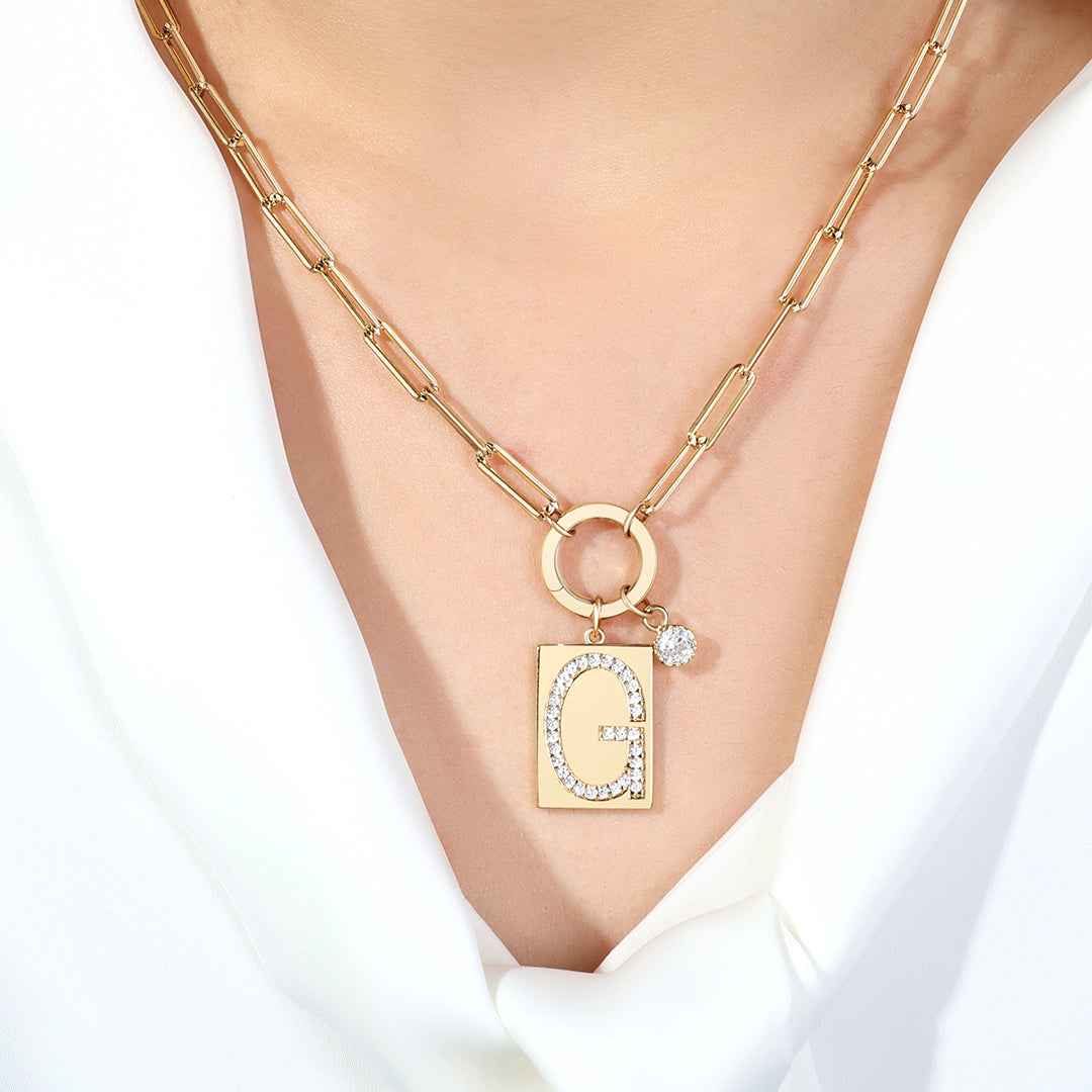 Gold Pave Initial Pendant Necklace with Paperclip Chain by Seeyoura