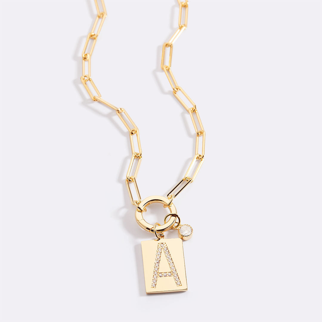 Gold Pave Initial Pendant Necklace with Paperclip Chain by Seeyoura