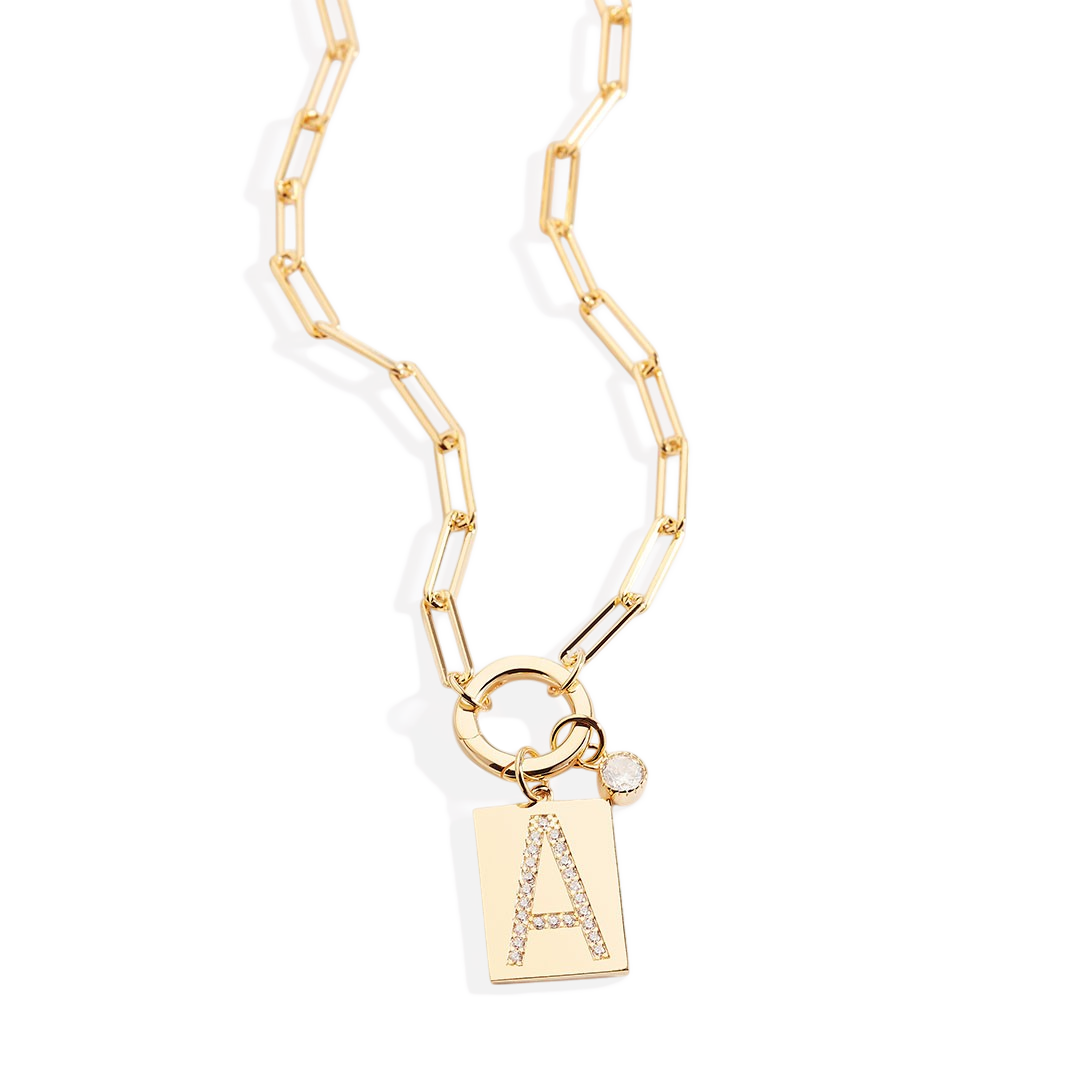 Gold Pave Initial Pendant Necklace with Paperclip Chain by Seeyoura