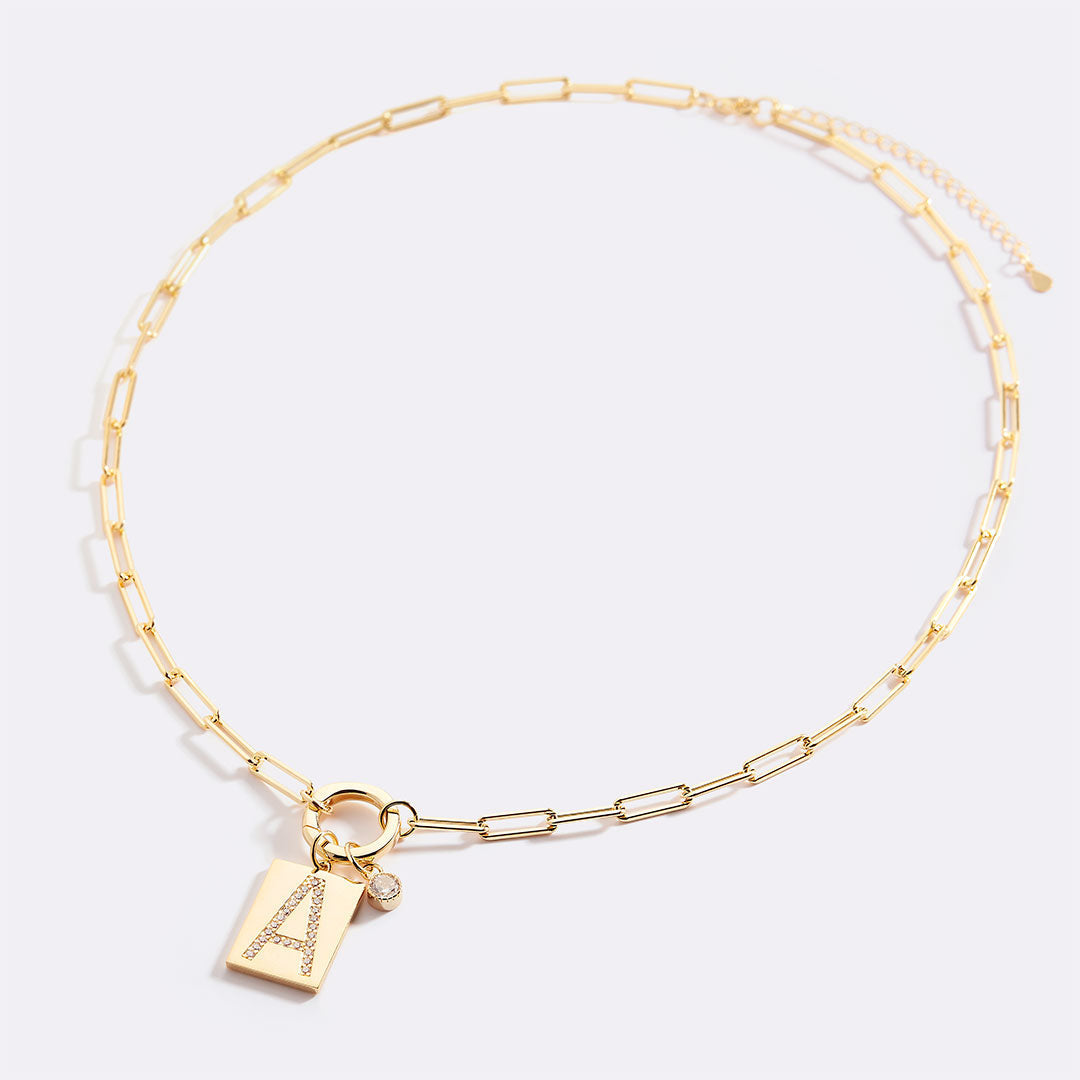 Gold Pave Initial Pendant Necklace with Paperclip Chain by Seeyoura