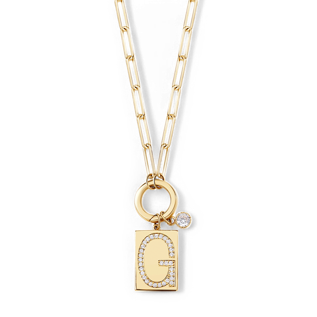 Gold Pave Initial Pendant Necklace with Paperclip Chain by Seeyoura