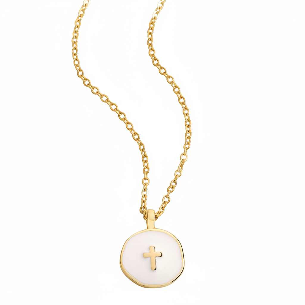 Minimalist Enamel Cross Pendant in white by Seeyoura