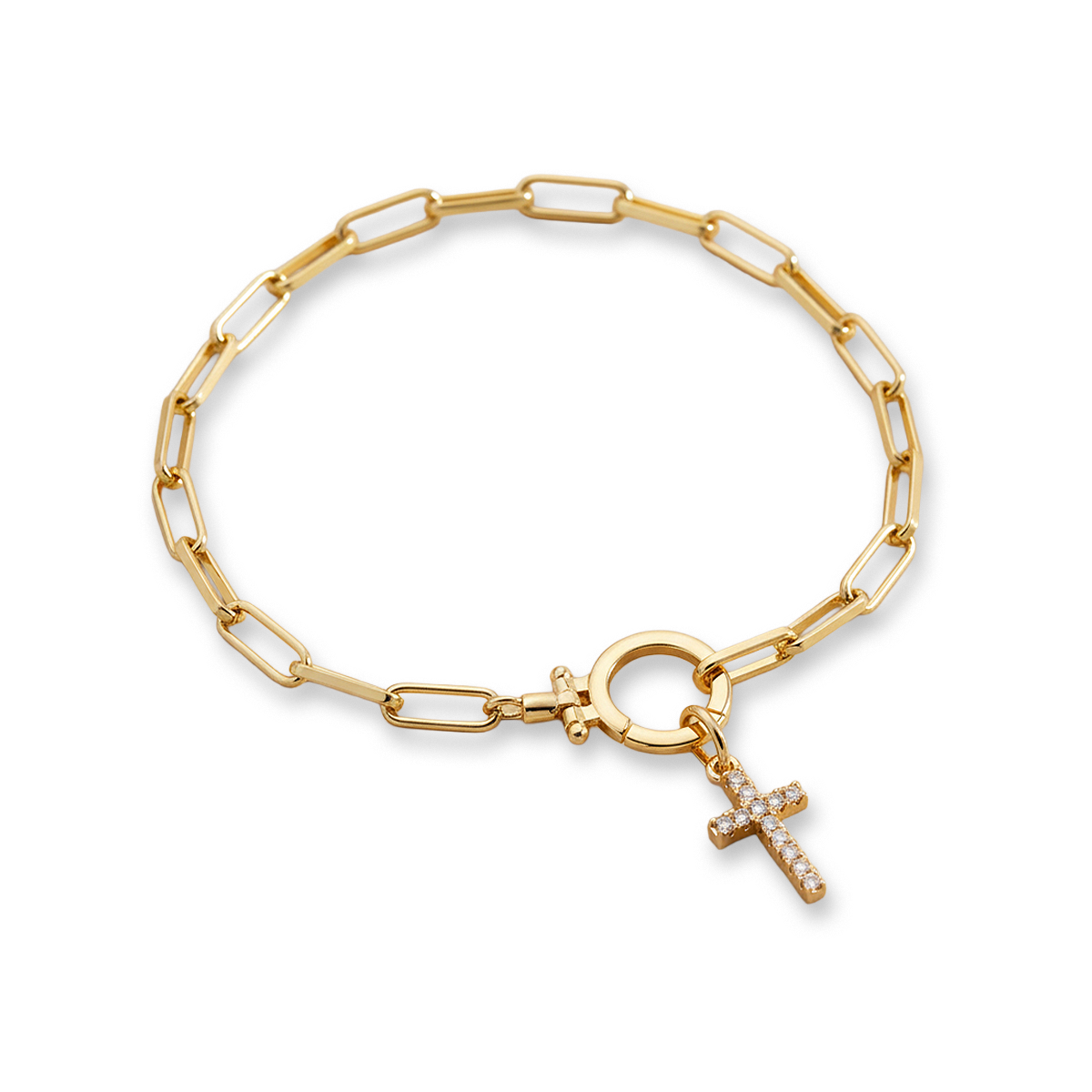 Mint Paperclip Bracelet with Pave Cross Charm in 18k Gold Plated by Seeyoura