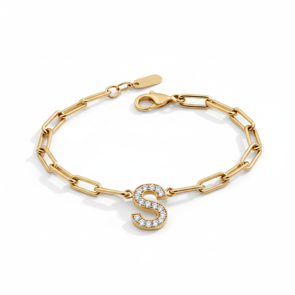 Mint Paperclip Bracelet with Pave Initial Charm in gold by Seeyoura