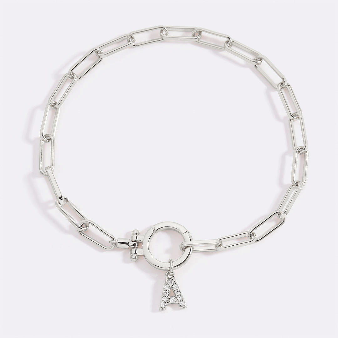 Mint Paperclip Bracelet with Pave Initial Charm in silver by Seeyoura